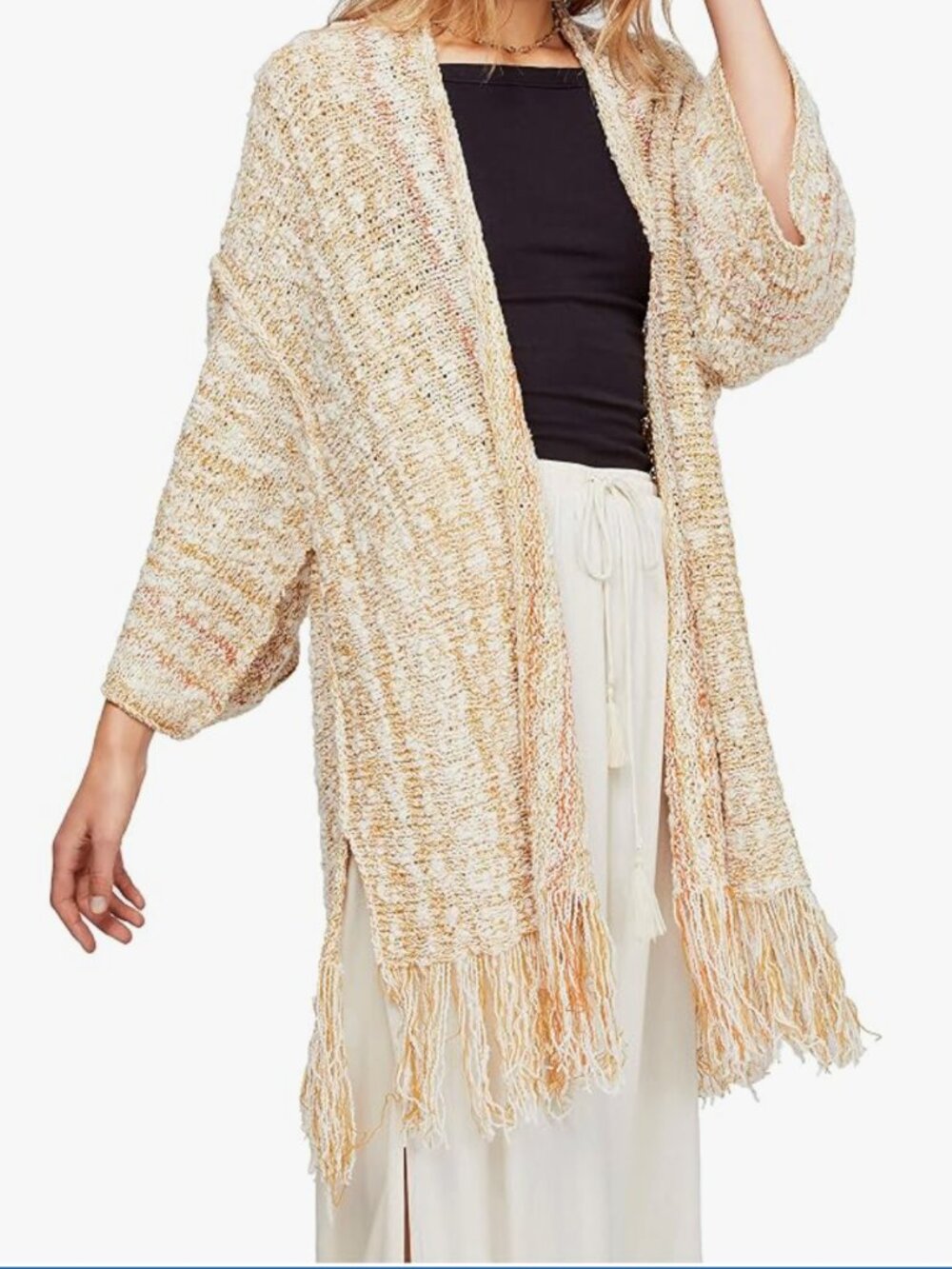 Free People Womens Lucia Fringe Layering Cardigan Sweater Beige L